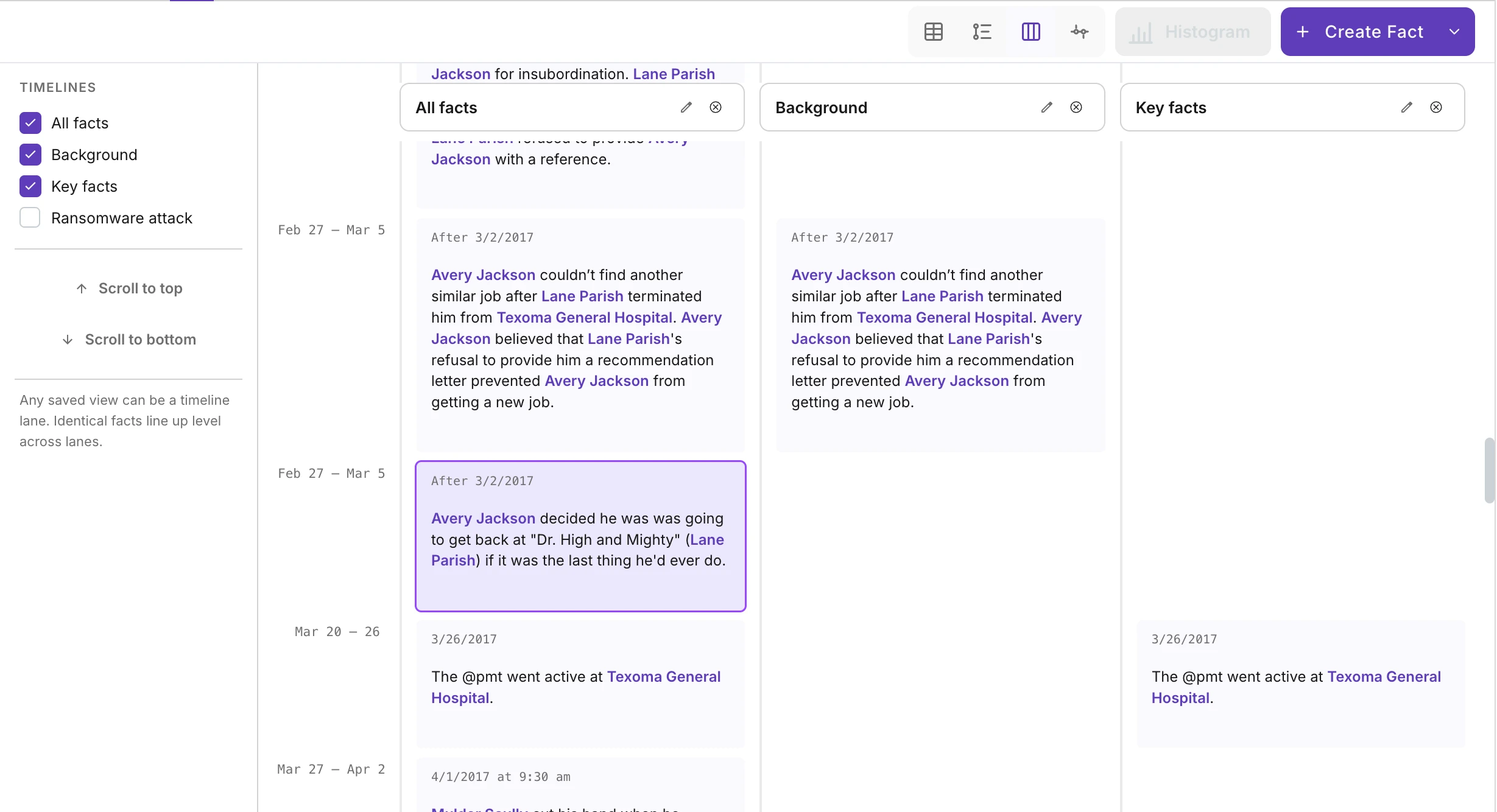 Several saved views shown side by side as timeline lanes, with facts aligned by date