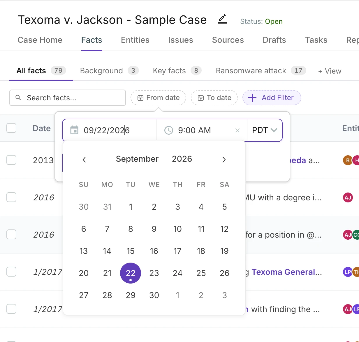 A date filter pane with a date, a time and a time zone selector