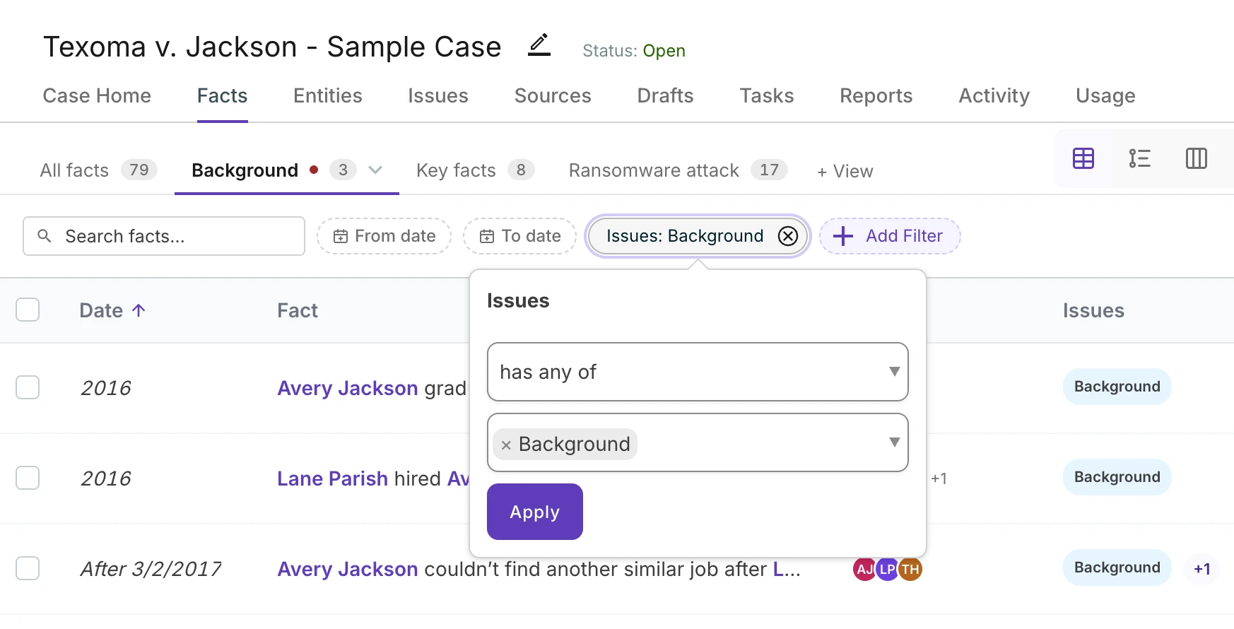 Saved view tabs above the facts table, one of them carrying its own filters