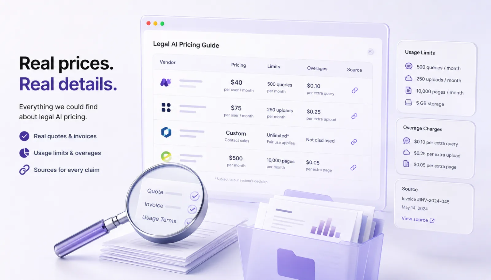 A 'Legal AI Pricing Guide' comparison table listing vendors with their per-user pricing, usage limits, overage charges, and source links, beside a magnifying glass examining a quote and invoice and side panels summarizing usage limits and overage charges. Headline: Real prices. Real details.