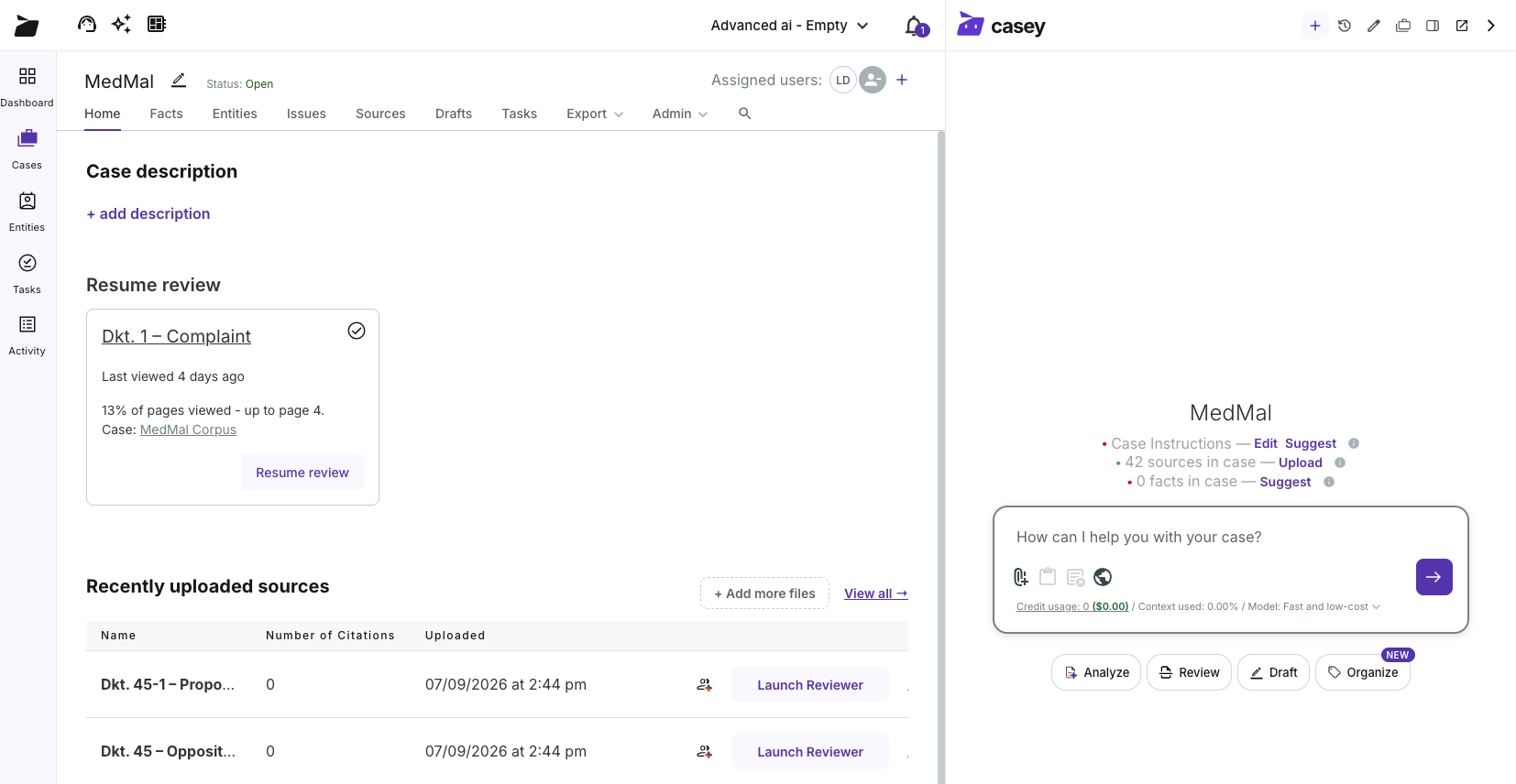 Casey docked beside a case home page, ready to help with the case