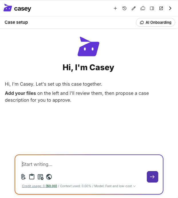Casey introducing itself at the start of case setup and offering to review uploaded files