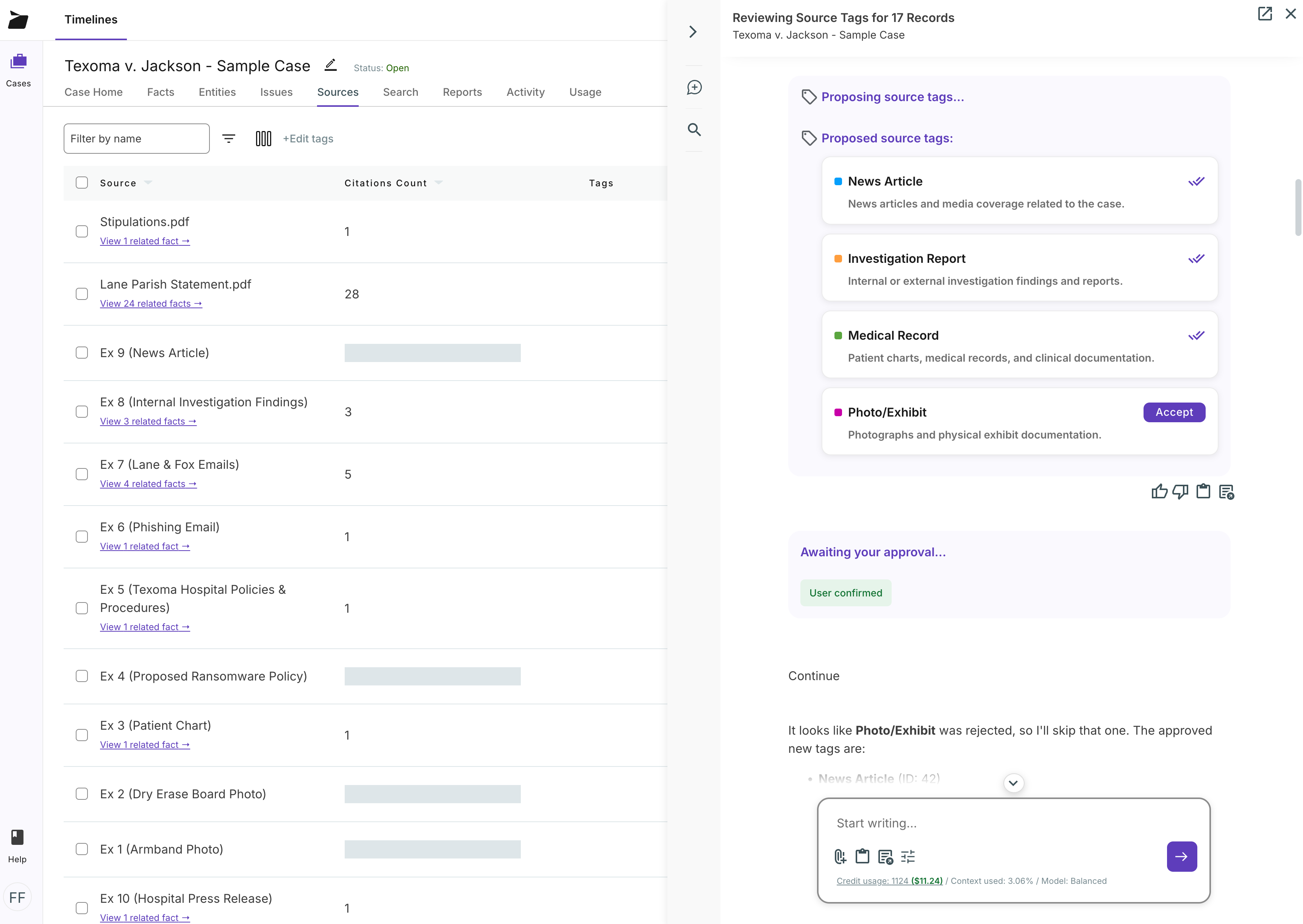 AI proposing source tags for case documents