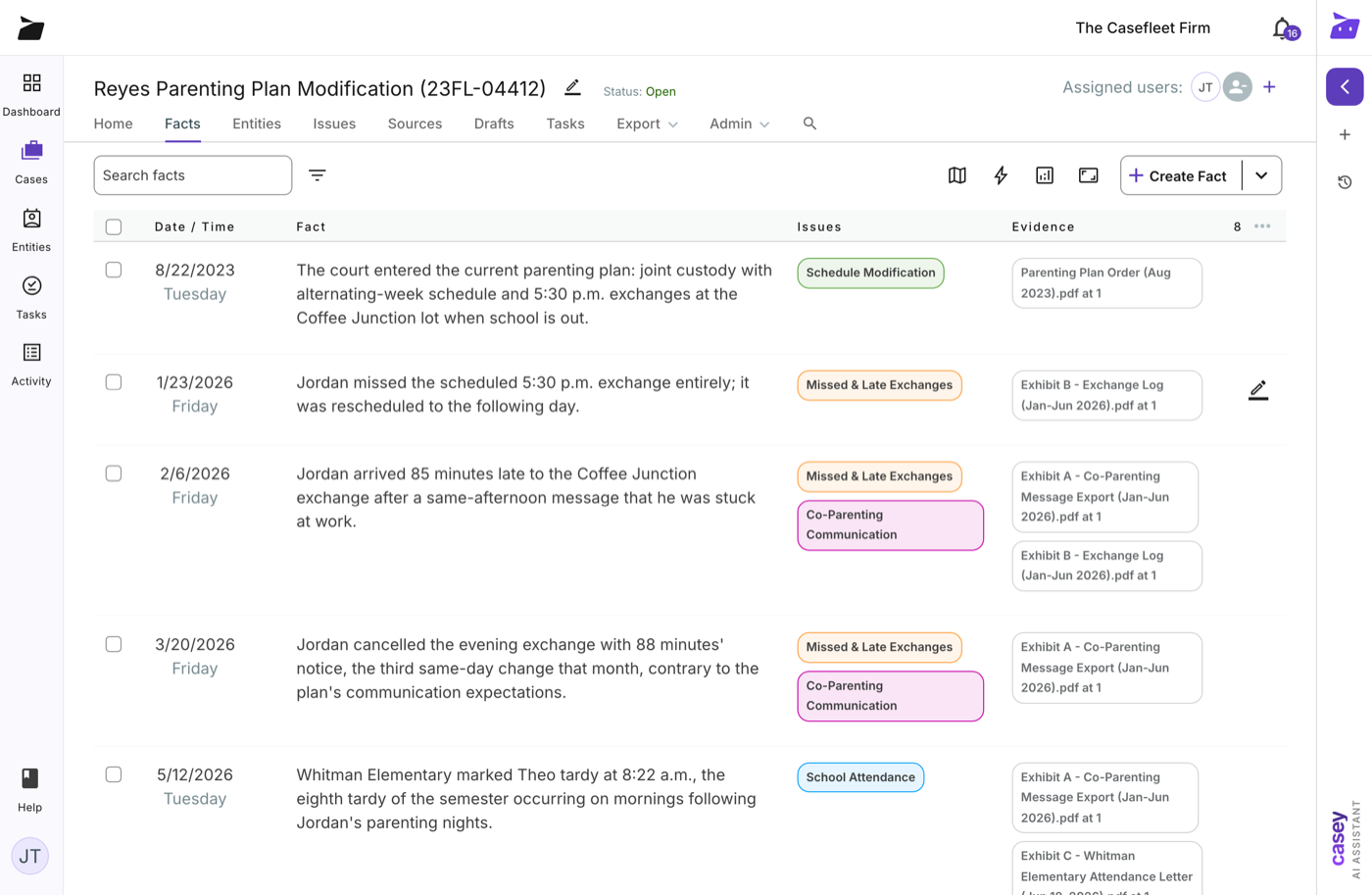 Custody chronology of missed exchanges with exhibit citations