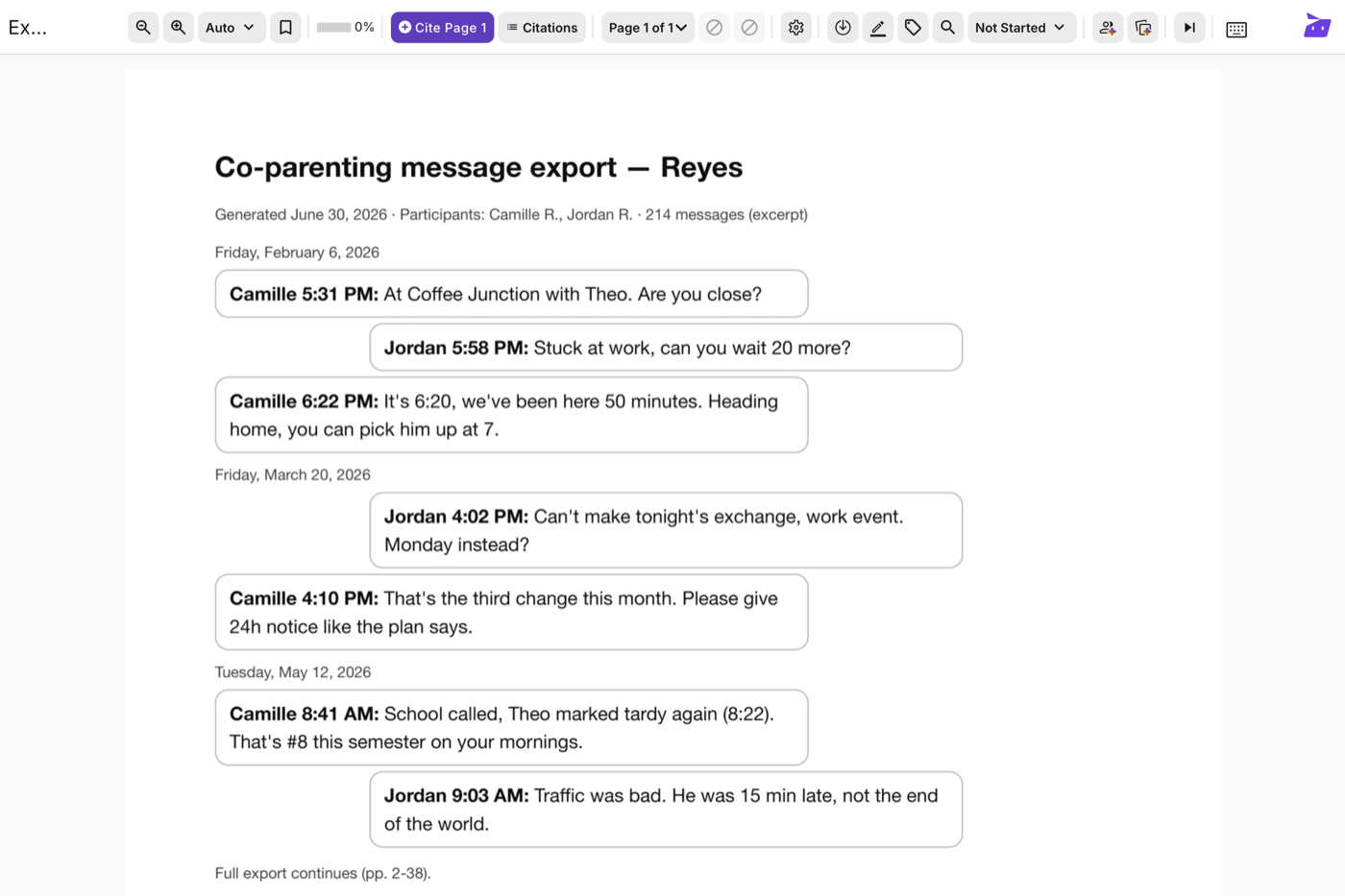 Co-parenting message log open as evidence in the document reviewer