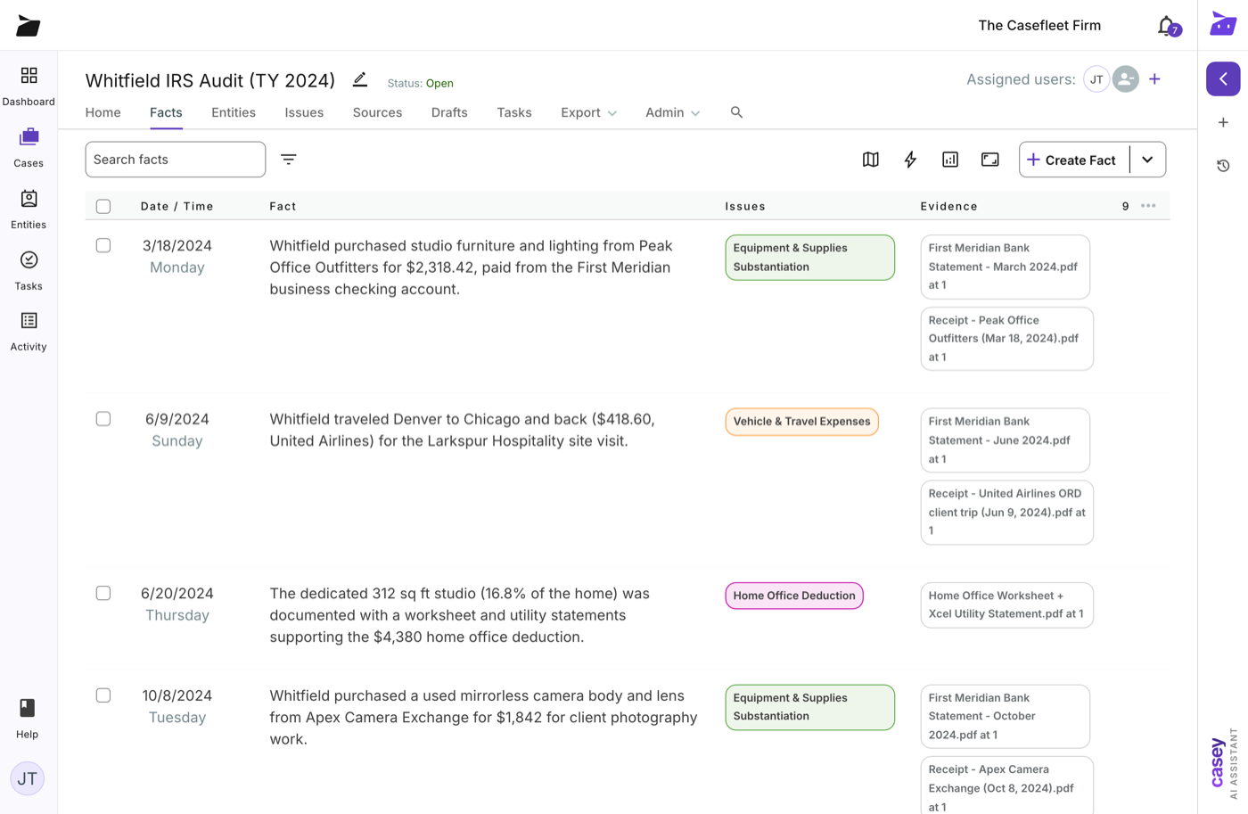 Audit chronology with receipts and statements as cited evidence