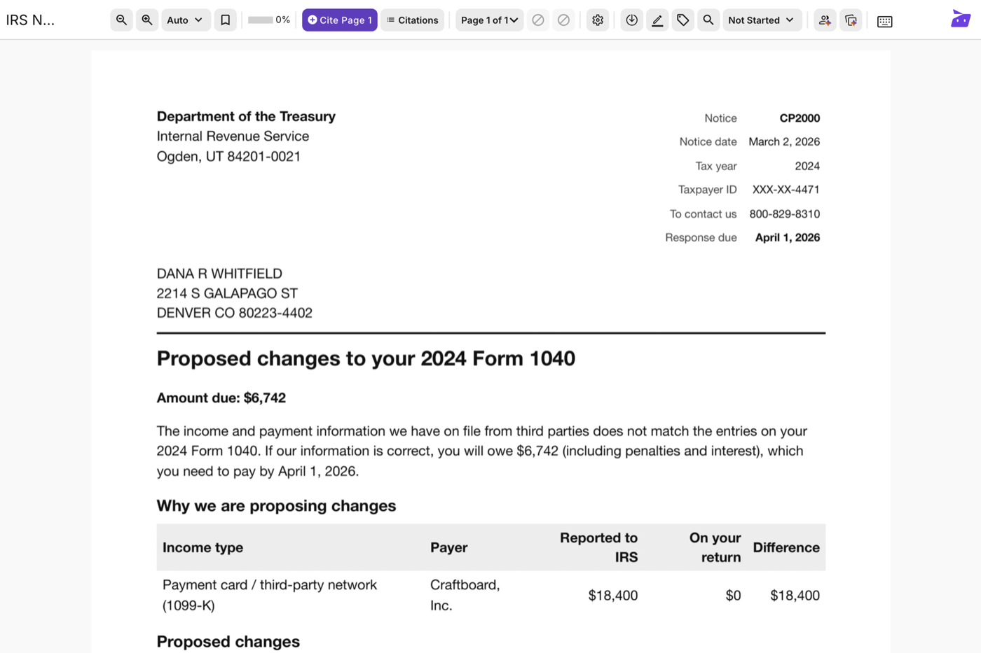 IRS CP2000 notice open in the document reviewer