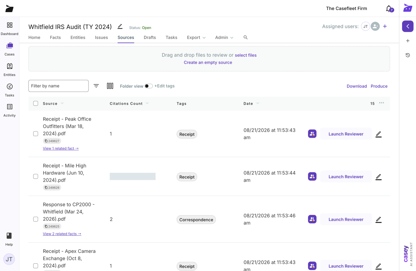 Audit documents tagged by type in the sources list