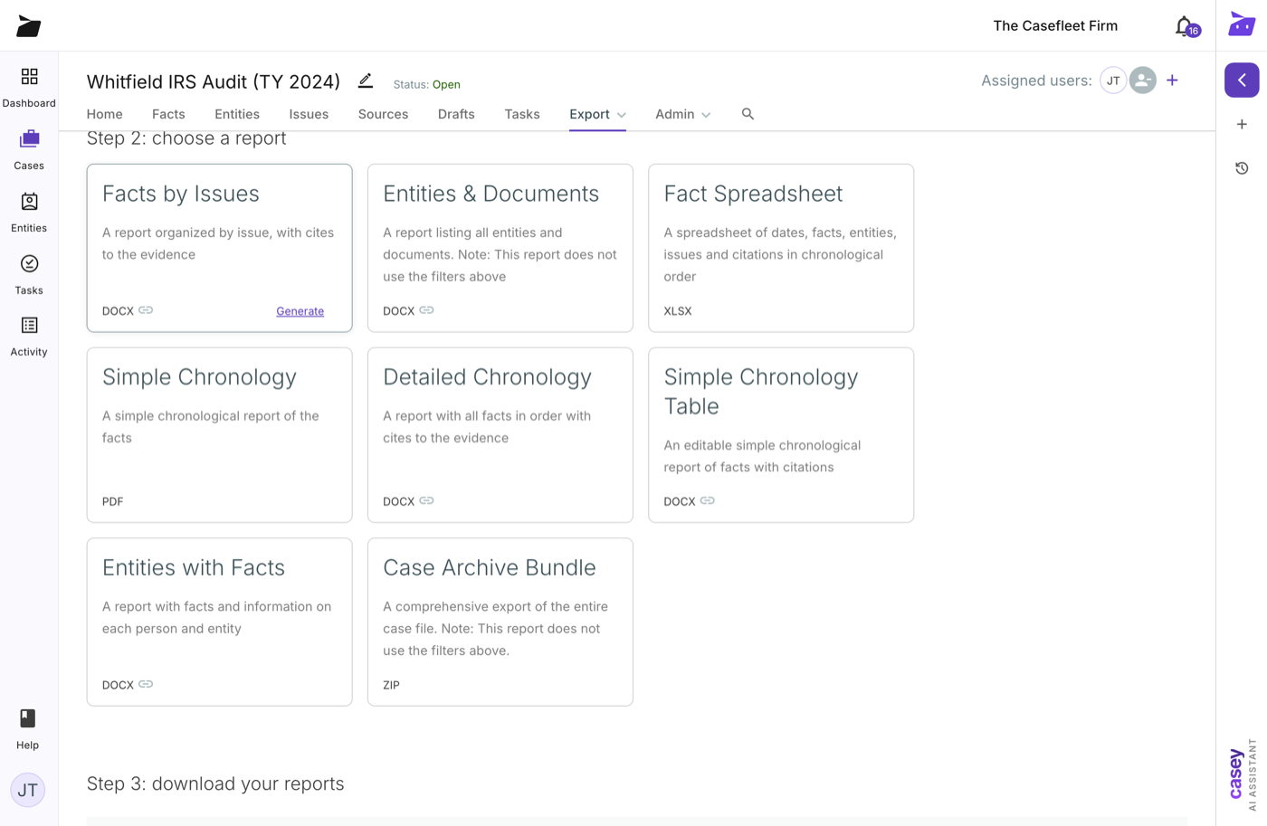 Report builder with chronology and issue report types
