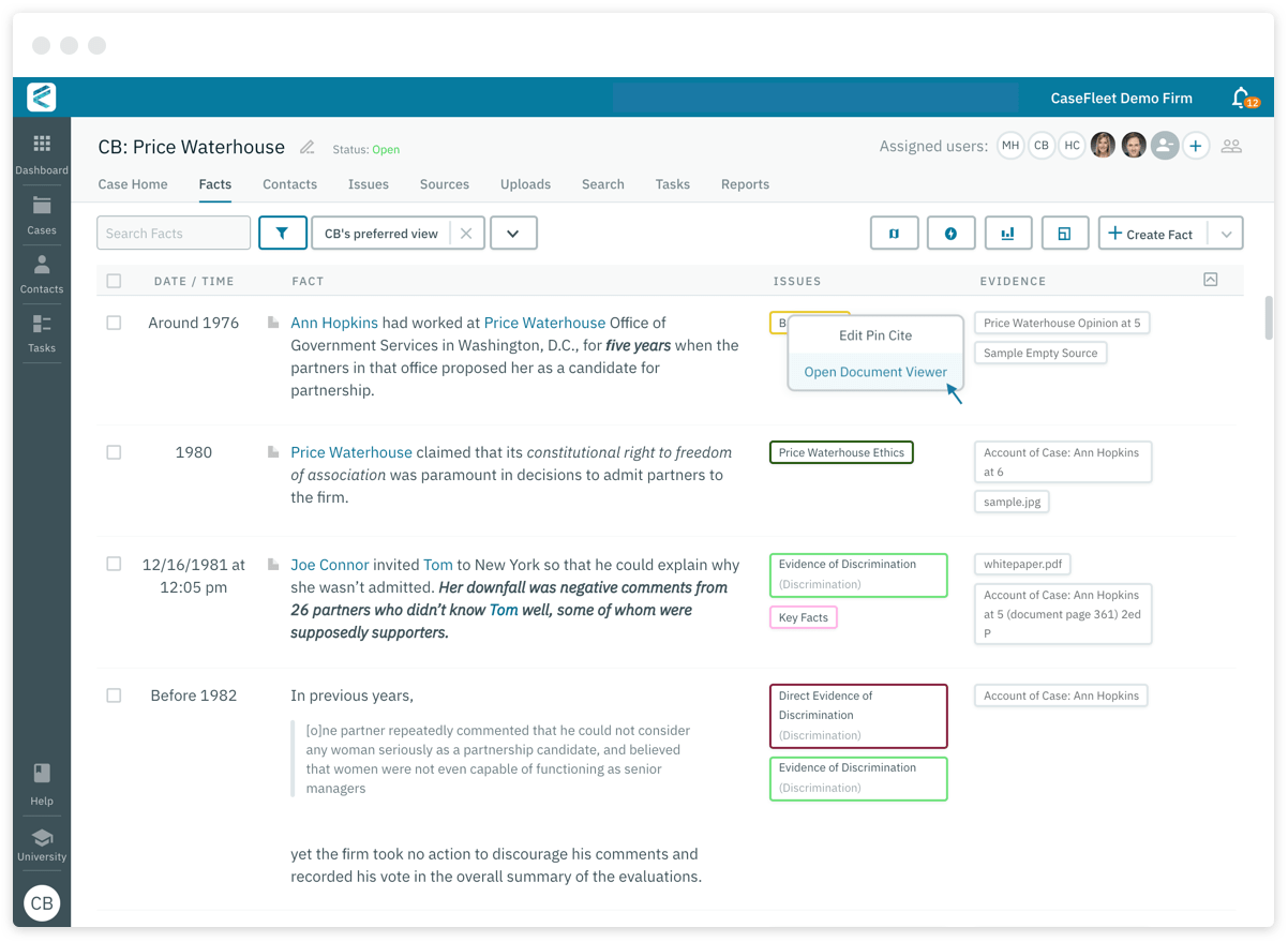 Next to each fact, you'll see the evidence that proves it. Click on an item of evidence to view it in context.