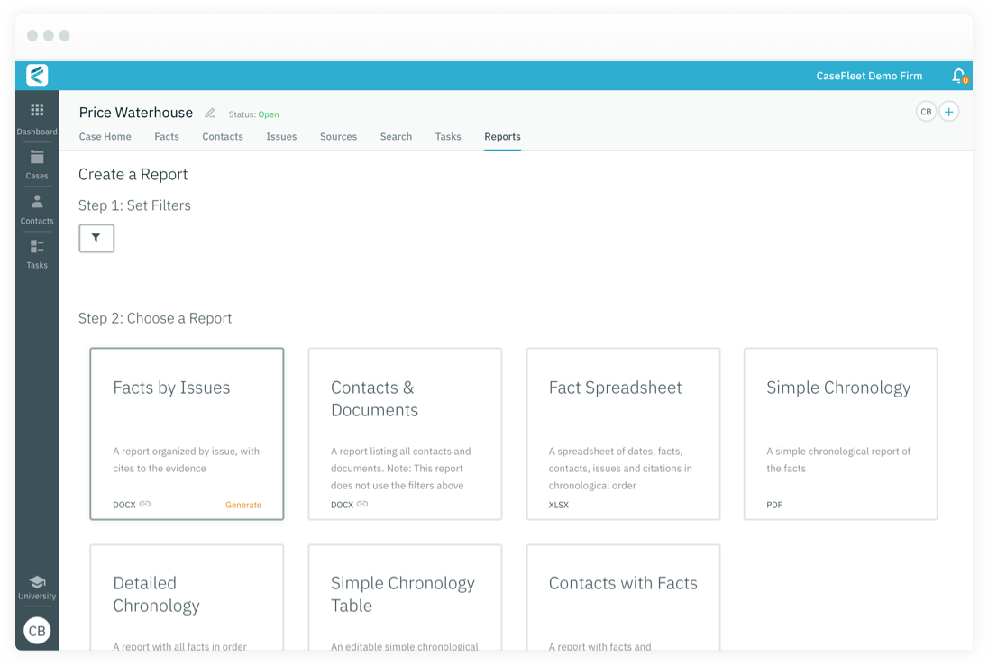 View of reports page, showing reports for statements of fact; contacts and documents; and fact spreadsheets
