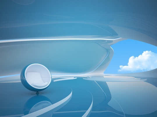 A futuristic room with clouds out the window A futuristic room with clouds out the window